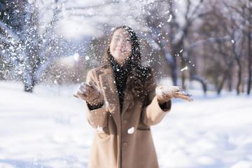 Portrait Young Beautiful asian woman smile happy travel and enjoy with snow winter season