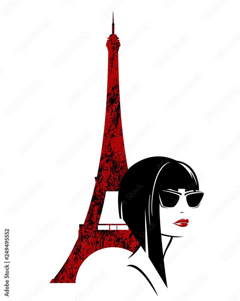 stylish brunette woman with asymmetric blunt bob haircut and sunglasses with eiffel tower in the background - parisian fashion model vector design - obrazy, fototapety, plakaty 