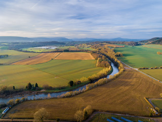 Aerial view of the River Usk in the countryside of Usk, Monmouthshire, Wales