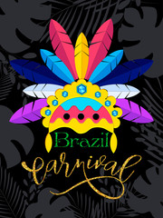 Sticker - Flat style feather headdress illustration on black abstract background for brazil carnival celebration greeting card or template design.