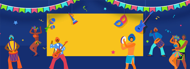 Poster - Advertising header or banner design with brazilian people character and musical instruments on blue background.