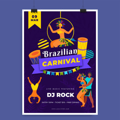 Poster - Brazilian Carnival template or flyer design with dancing couple character and music instrument on purple background.