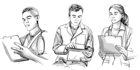 Doctors working set Vector sketch storyboard. Detailed character illustrations