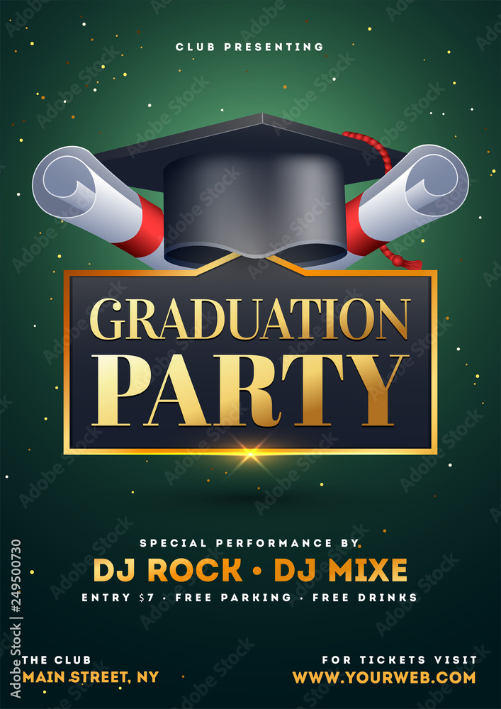 Graduation party template or flyer design with illustration of mortar board on green background ...