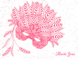 Sticker - Doodle style red feather party mask illustration on white background for Mardi Gras poster design.