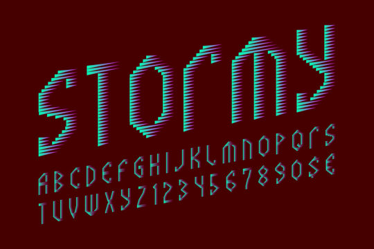 Stormy letters with numbers and currency signs. Blue purple gradient font. Isolated english alphabet.