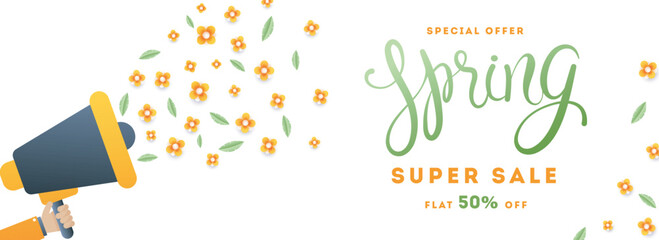 Wall Mural - super spring sale header or banner design with megaphone and paper cut flowers for advertising conce