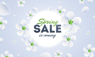 Poster - Advertising poster or banner design decorated with white flowers for Spring sale concept.