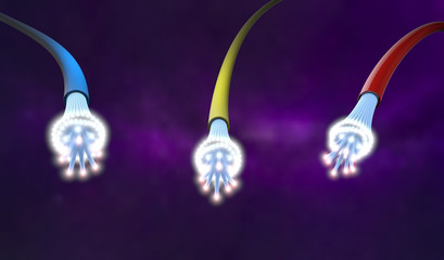 3d illustration of optical light guide cables in different colors with open ends which shine very brightly