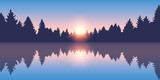 beautiful lake at sunrise pine forest nature landscape vector illustration EPS10