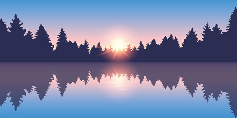 beautiful lake at sunrise pine forest nature landscape vector illustration EPS10