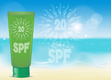 Green Cream Tube With SPF 20 Symbol On The Background Of Summer Sunny Beach. Cosmetics Design Pattern