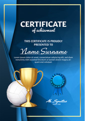 Canvas Print - Volleyball Certificate Diploma With Golden Cup Vector. Sport Award Template. Achievement Design. Honor Background. A4 Vertical. Illustration