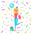 © robu_s - Blonde woman celebrating birthday vector. Partying lady holding balloon with text, falling confetti and presents gifts for female. Bag and paper cap