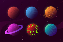 Set Of Planets In Cartoon Style Isolated On Space Background. Colorful Fantastic Planets With Different Textures. Celestial Body Collection. Decoration For Your Design. Vector Eps 10.