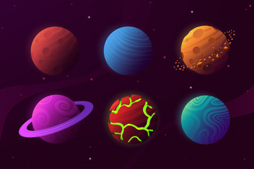 set of planets in cartoon style isolated on space background. colorful fantastic planets with differ