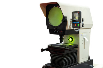 High technology and modern profile projector or optical comparator for silhouette precision measuring and quality control of small parts in industrial isolated on white background with clipping path