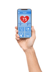Aufkleber - Man using smartphone app to check health data