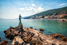 The Historic Statue Of Maiden With The Seagull Is A Symbol, Not Only Of Opatija, But The Entire Kvarner Region. The Statue On Adriatic Coast Is In The Touristic Town Of Opatija In Croatia, Europe