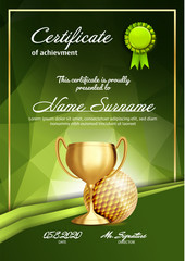 Poster - Golf Certificate Diploma With Golden Cup Vector. Sport Vintage Appreciation. Modern Gift. Print Blank. A4 Vertical. Event Illustration