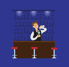 Barman Making Cocktail, Pouring Drink In Glass. Blue Restaurant In Flat Style, Bartender In Suit Mixing Beverage. Working Waiter In Dark Pub Vector