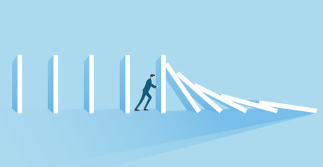 Business concept of a businessman trying to stop domino effect Banner Concept