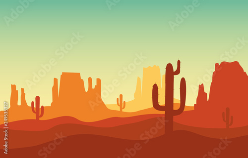 Desert Sand Landscape With Mountains And Cactus Silhouette