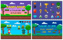 Pixel Art Game In 8 Bit Character Life Info And Scenery Vector. Isolated Icons Set Trophy And Sword, Bomb And Troll Rival, Alien And Treasure Arcade