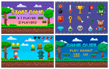 Poster - Pixel art game in 8 bit character life info and scenery vector. Isolated icons set trophy and sword, bomb and troll rival, alien and treasure arcade