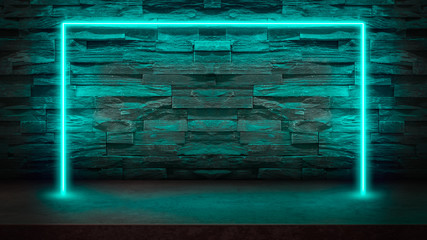 Wall Mural - Empty dark stone table with pastel blue fluorescent neon laser lights. Party and night club concept background with copy space for text or product display.