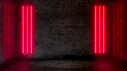 Wall Mural - Empty dark abstract room with red fluorescent neon lights. Stage, scene and night club party concept background with copy space for text or product display.