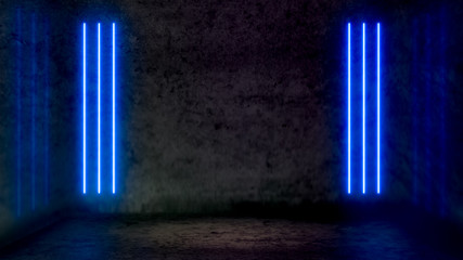 Wall Mural - Empty dark abstract room with blue fluorescent neon lights. Stage, scene and night club party concept background with copy space for text or product display.