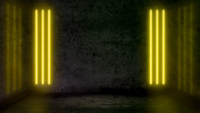 Empty Dark Abstract Room With Yellow Fluorescent Neon Lights. Stage, Scene And Night Club Party Concept Background With Copy Space For Text Or Product Display.