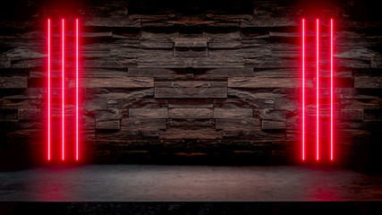 Wall Mural - Empty dark stone table with red fluorescent neon lights. Party and night club concept background with copy space for text or product display.