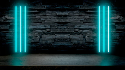 Wall Mural - Empty dark stone table with pastel blue fluorescent neon lights. Party and night club concept background with copy space for text or product display.