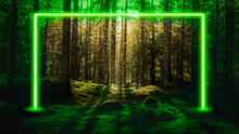 Green Fluorescent Neon Laser Lights In Magical Forest Landscape. Mysterious UFO Portal Gate Concept Background.