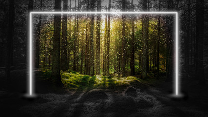 Wall Mural - Fluorescent neon laser lights in green magical forest landscape. Mysterious UFO portal gate concept background.