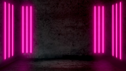 Wall Mural - Empty dark abstract room with pink fluorescent neon lights. Stage, scene and night club party concept background with copy space for text or product display.