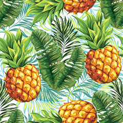 Pineapple. Seamless pattern. Vector floral pattern.