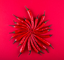 Small Red Chili Peppers In Circle Shape Over On Red Background. Flat Lay. Top View. Overhead. Copy Space.