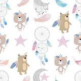 Pastel hand drawn seamless pattern with feather,dreamcather,wild,moon,star and bear