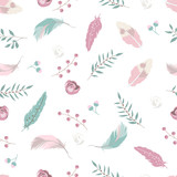 Pastel hand drawn seamless pattern with feather,rose,leaf and flower