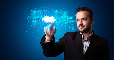 Poster - Man touching hologram projection displaying information from cloud based system

