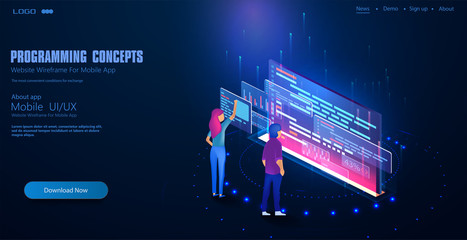 Wall Mural - Software, web development, programming concept. People work in a team and program code. Technology concept. Programming web banner. Best programming languages. Vector