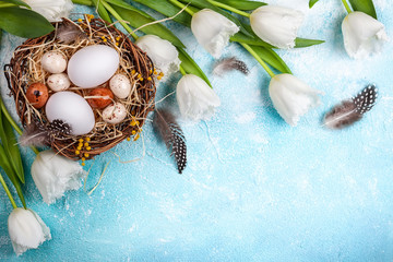 Easter composition with Easter eggs in nest and white tulips