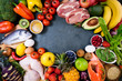 Leinwandbild Motiv Healthy food background. Fresh fruits, vegetables, meat and fish on table. Healthy food, diet and healthy life concept. Top view. Copy space