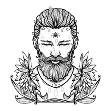 The Man With A Beard And Flowers. Modern Character Illustration. Nice Print Or Emblem. Contemporary Graphic Artwork.