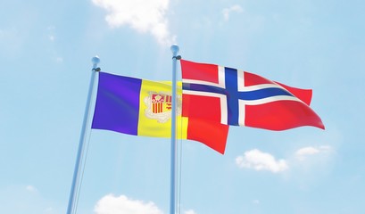 Norway and Andorra, two flags waving against blue sky. 3d image