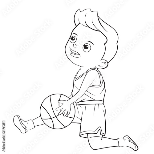Cartoon Child Playing Basketball In Outline Buy This Stock