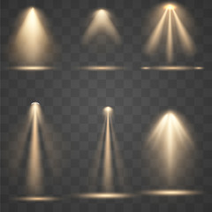 Wall Mural - set of golden scene illumination , transparent light effects. bright lighting with spotlights.